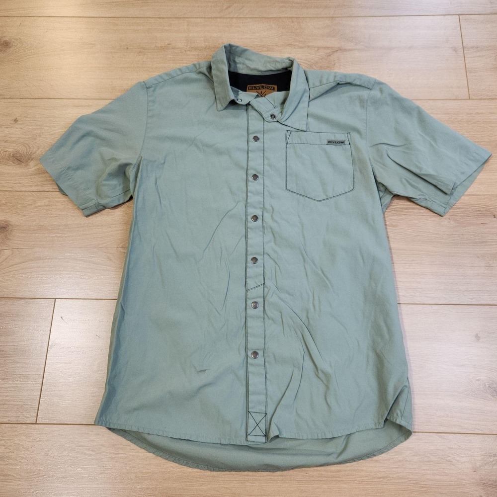 Flylow Habitat Line Shirt Mens Medium Green Short Sleeve Snap Front Outdoor